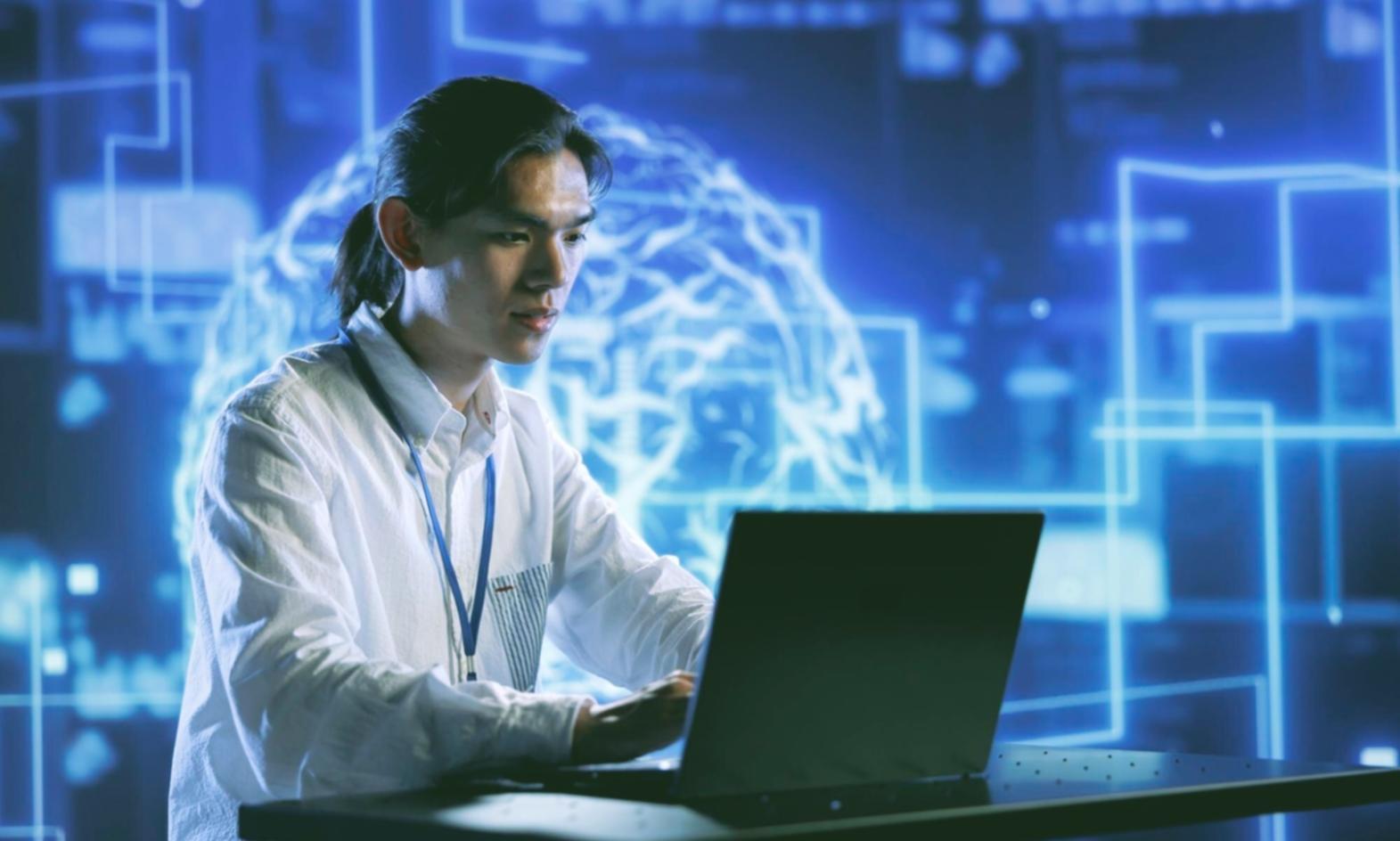 Student working through a network architecture diagram